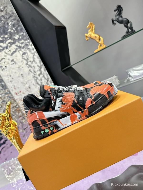 2024 Unisex Louis Vuitton Orange Black White Leather Denim Plimsolls Artist Hand-drawn MJ00780