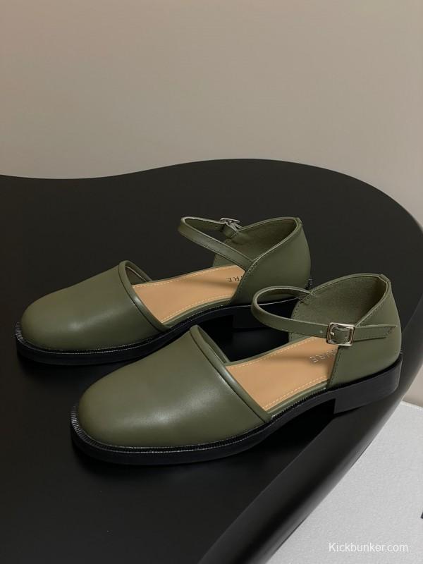2025 Women Lemaire Green Leather Mary Jane Shoes