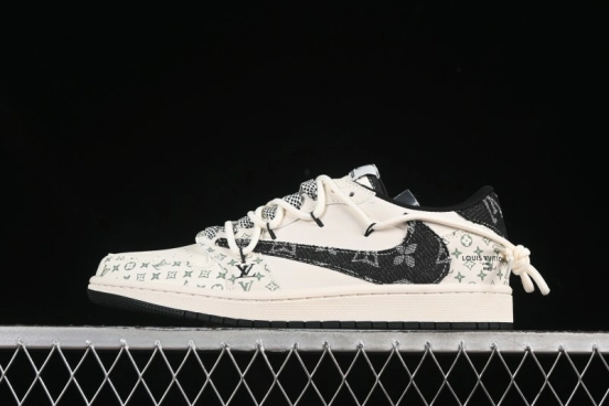 Nike Travis Scott x Fragment Design x Air Jordan 1 Low OG SP Black Print Drawstring Low-Top Casual Sneakers - YX5066-325