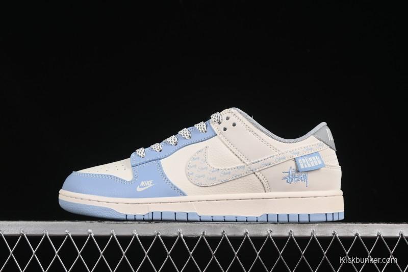 Nike SB Dunk Low Stussy Collaboration University Blue Floral Swoosh Anniversary Custom Low-Top Casual Skate Shoes - XS6089-591