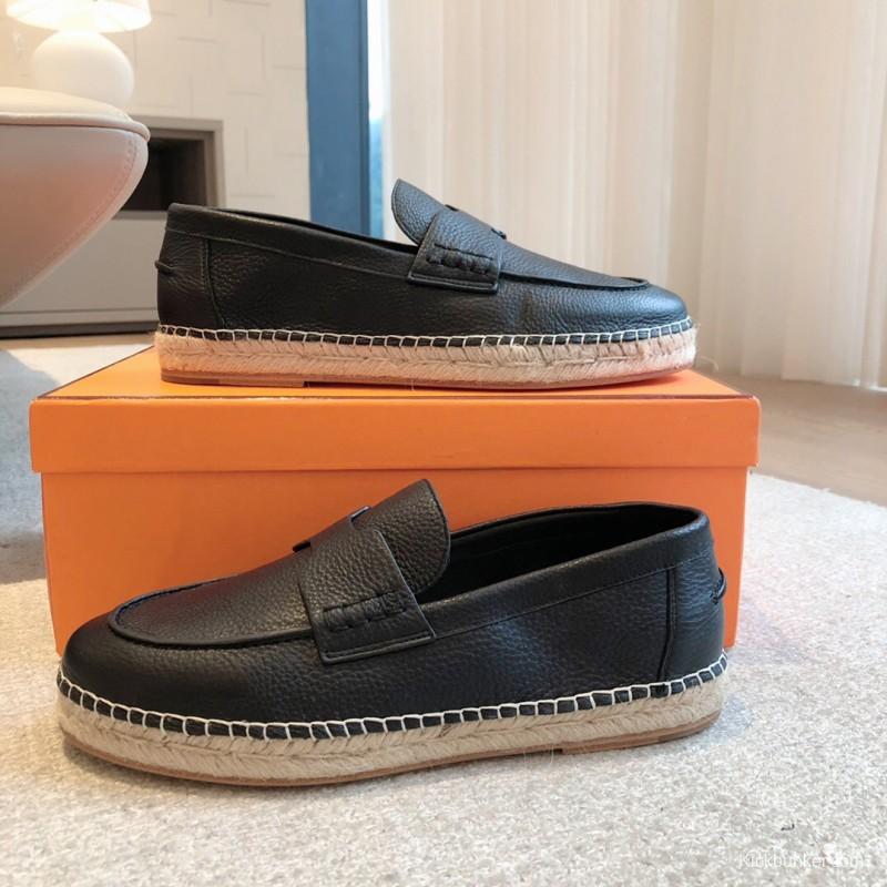 2025 Unisex Hermes Black Leather Loafers AS00380