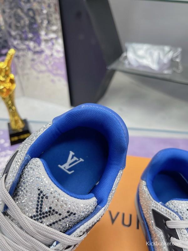2025 Women Louis Vuitton Blue White Cow Leather Fabric Plimsolls Handcrafted Crystals AS00400
