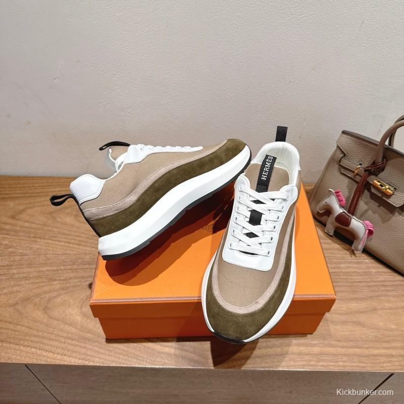 2025 Unisex HERMES White Beige Khaki Fabric Leather Sneakers AS00400
