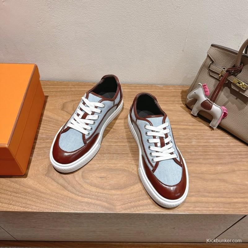 2025 Unisex H Brown Blue Leather Knit Sneakers AS00380