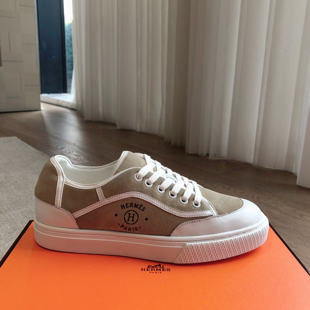 2025 Unisex Hermès Beige White Canvas Leather Sneakers AS00380