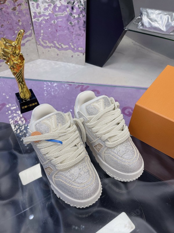 2025 Unisex Louis Vuitton White Crystal Leather Plimsolls Bing Bing AS00420