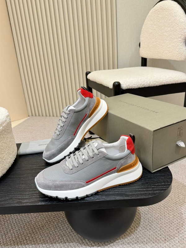 2025 Men Brunello Cucinelli Grey White Brown Suede Mesh Sneakers AS00320