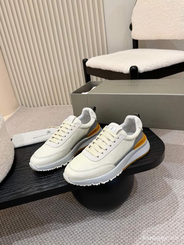 2025 Men Brunello Cucinelli Black Ivory Blue Almond Calfskin Leather Sneakers AS00320