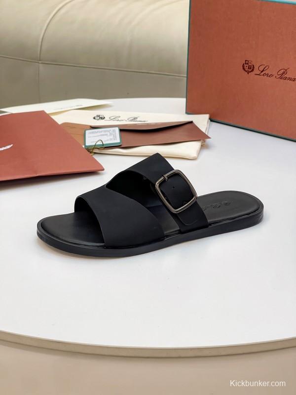 2025 Men Loro Piana Black Leather Slippers Buckle AS00250