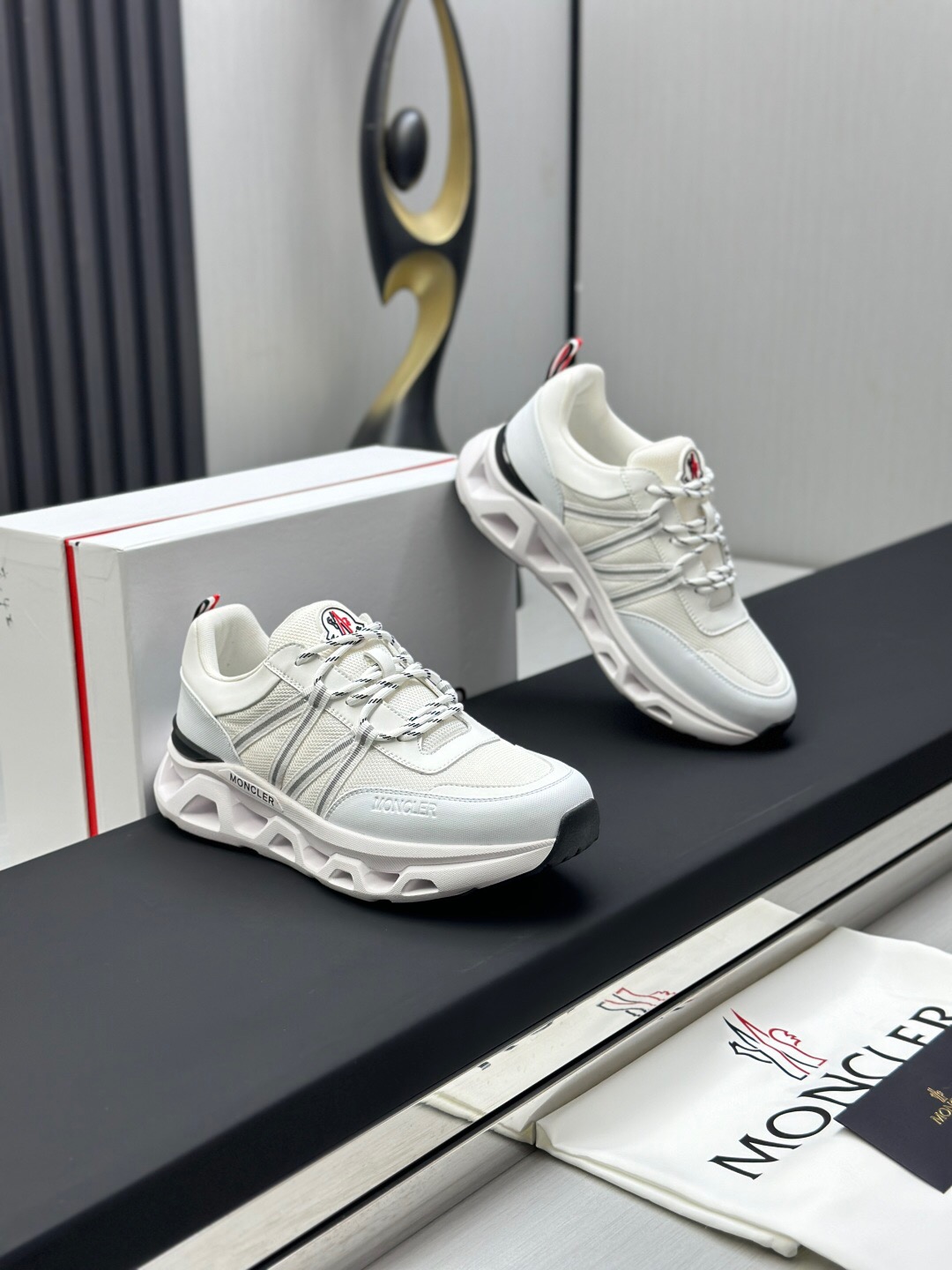 2025 Unisex Moncler White Black Synthetic Leather Outdoor Sneakers KFY00390