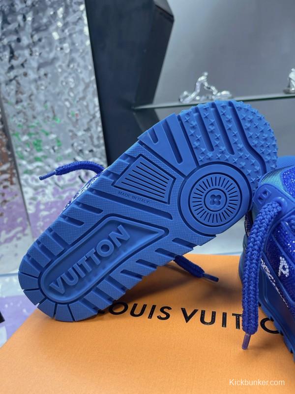 2025 Women Louis Vuitton Blue Crystal Trainer Original Custom Bing Bing Luxury Crystal Rhinestone High Temperature Hot Pressing TPU Sole AS00420
