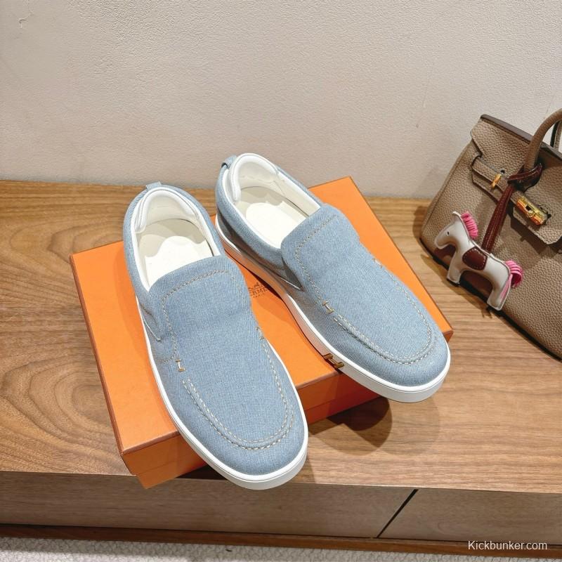 2025 Unisex Hermès Light Blue Canvas Leather Loafers AS00380