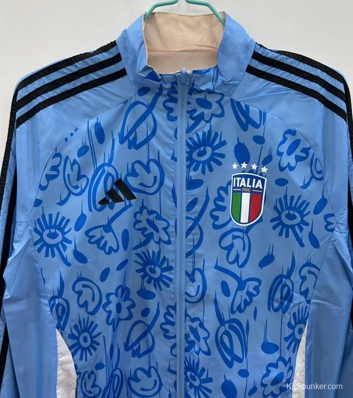 2025 Italy Light Blue/Beige with Floral Pattern Reversible Windbreaker
