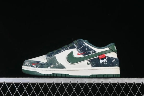 Nike SB Dunk Low BAPE Collaboration White Army Green Anniversary High-End Custom Low-Top Casual Skate Shoes - SC0601-465