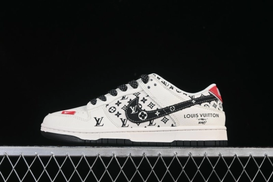 Nike SB Dunk Low LV Collaboration Black Red Print Anniversary Premium Custom Low-Top Skateboarding Shoes - HT5088-607