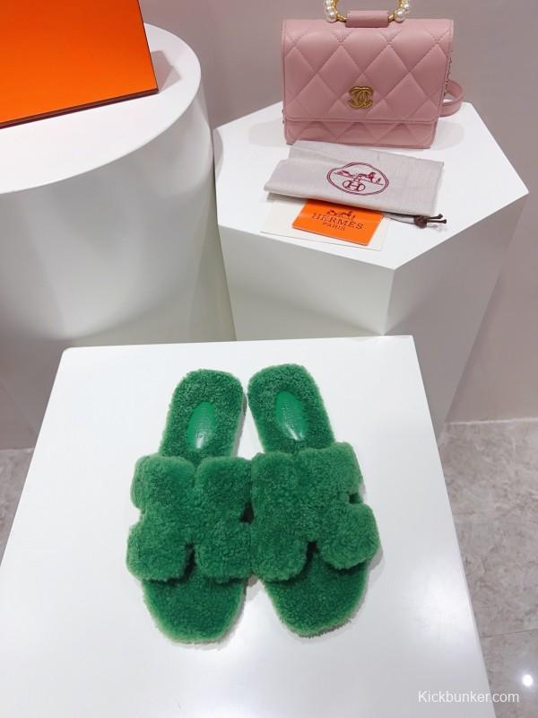 H Teddy Wool H Slippers Flat Sole Fur Slippers - LY00240