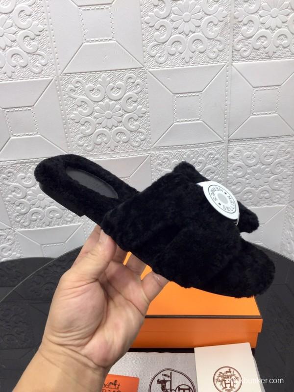 H Teddie Wool H Slippers Flat Sole Fur Slides - LY00240