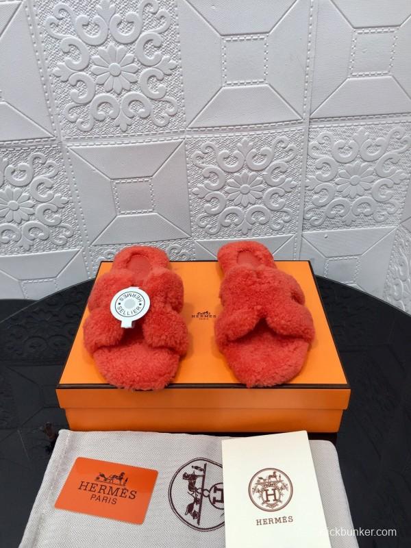 H Teddy Wool H Slippers Flat Sole Fur Slides - LY00240