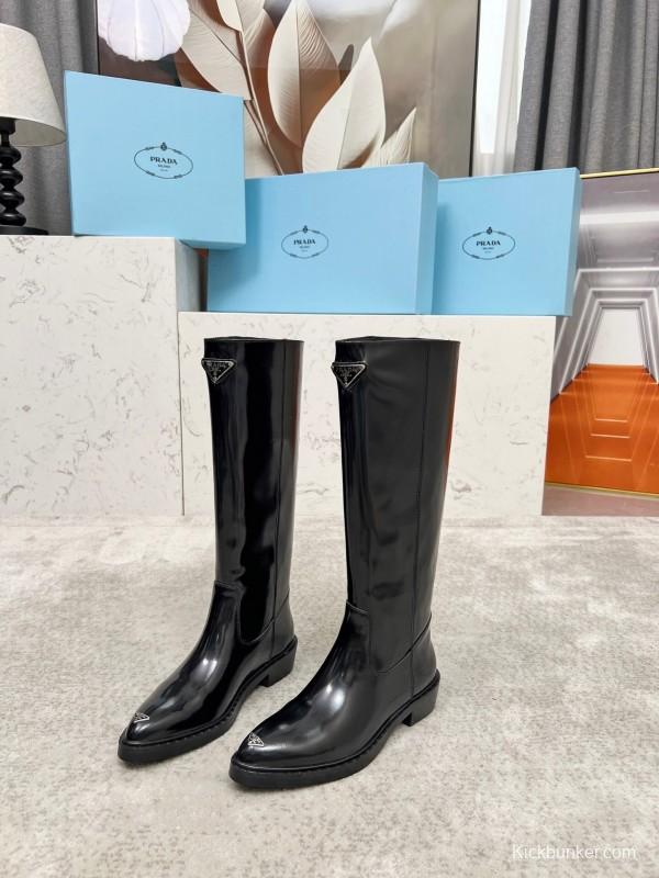 Prada Classic Triangle Logo Pointed Toe Boots - LY00400
