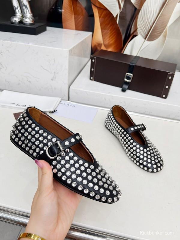 Alaia 2025/SS Crystal Embellished Ballet Dance Shoes with 0.8CM Inner Height - LY00340