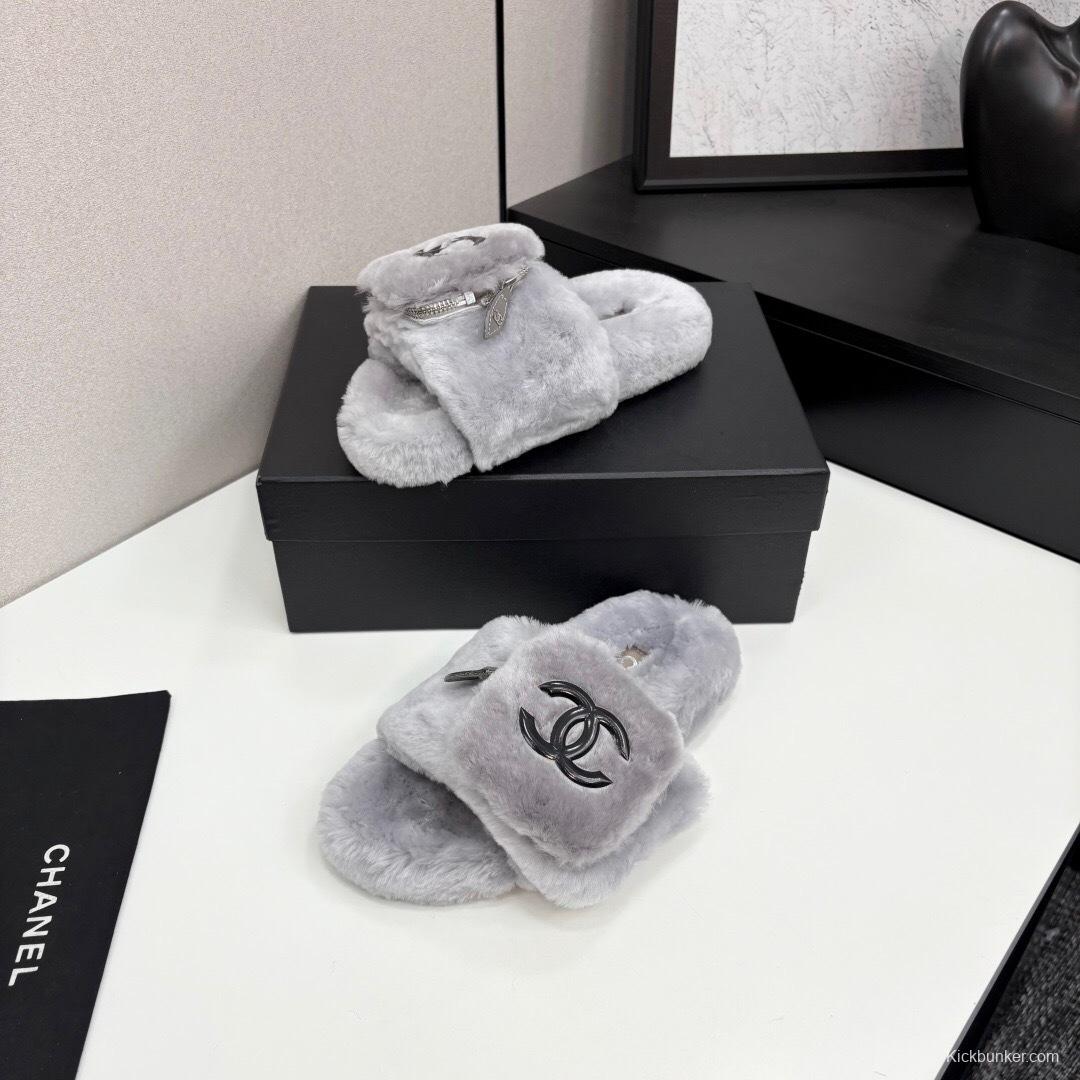 Chanel Fluffy Slippers Latest Color Design with Rubber Sole - LY00270