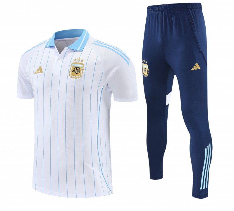 26/27 Argentina White Stripes Polo Training Shirt + Navy Blue Long Pants Tracksuit