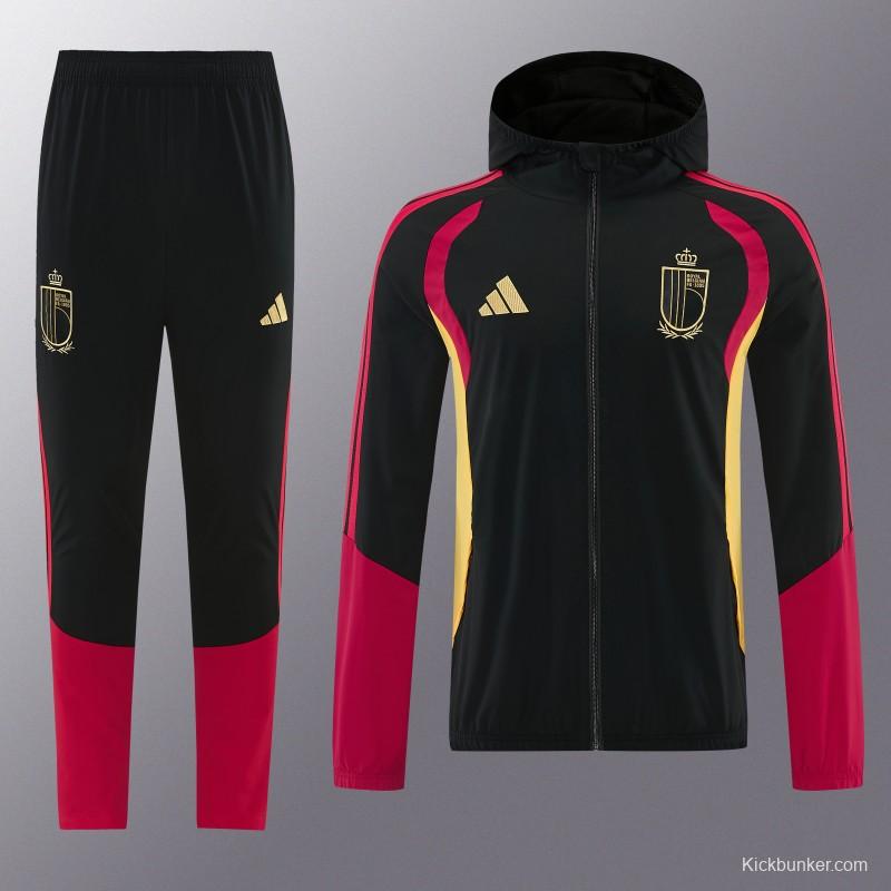 26/27 Belgium  Black Full Zipper Hooded Jacket Tracksuit + Long Pants