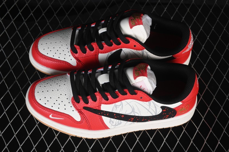 Nike Travis Scott x Fragment Design x Air Jordan 1 Low OG SP Casual Lifestyle Sneakers with Reversed Swoosh and White Red Ink Splatter Design - NH0601-063
