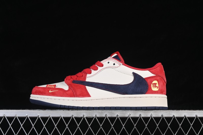 Nike Travis Scott x Fragment Design x Air Jordan 1 Low OG SP Lifestyle Low-Top Sneakers with Red White Blue Color Blocking - HG0026-024