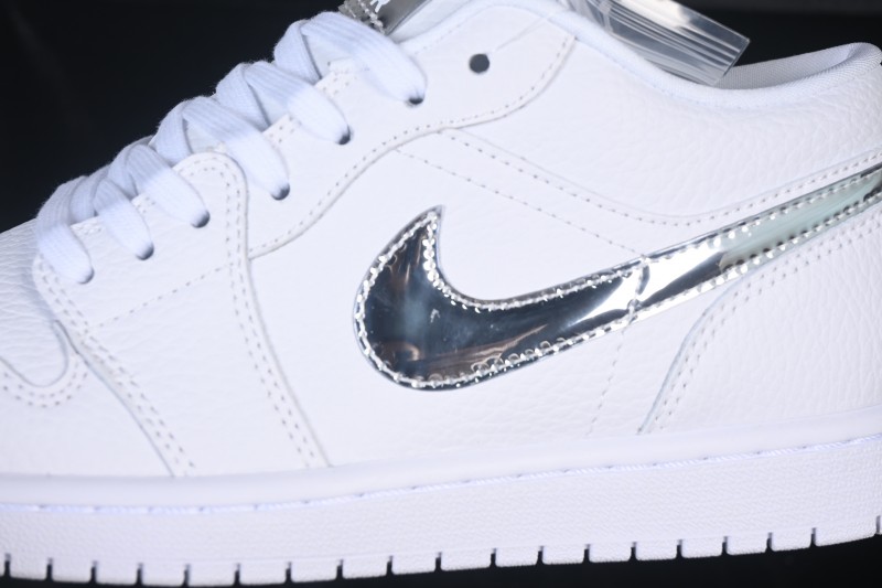 Nike Air Jordan 1 Low Retro Basketball Shoes with All-White Silver Swoosh - IQ9381-100