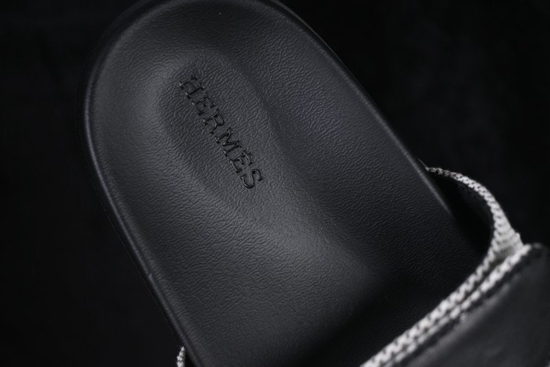 Hermes Chypre Sandals Women Flat Slide Slippers Gray Black - AJE5