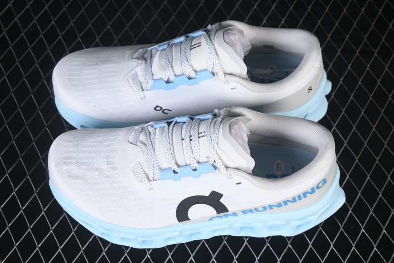 On Cloudmonster 3 Cushioned Running Shoes – White/Light Blue with Black Logo