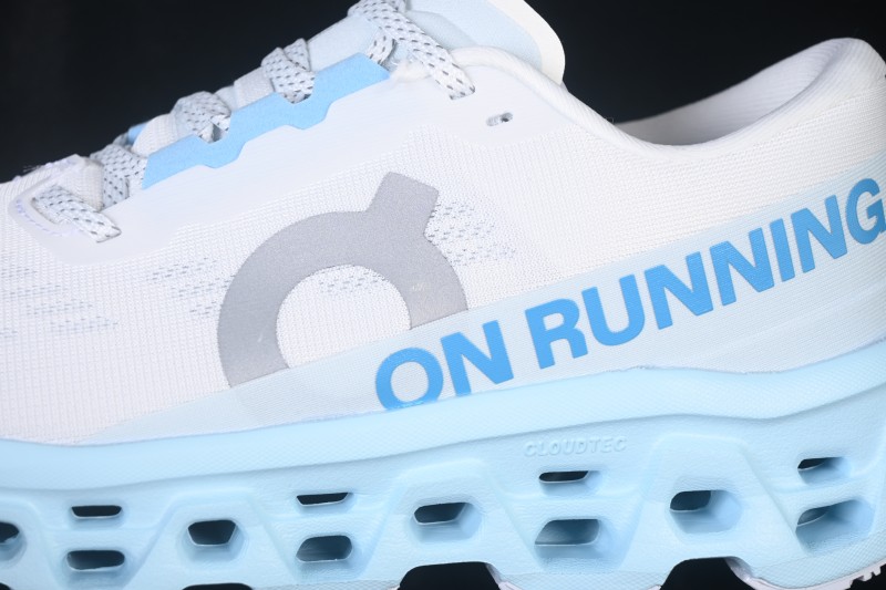 On Cloudmonster 3 Cushioned Running Shoes – White/Light Blue with Silver-Grey Logo
