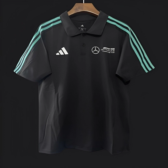2025 F1 Mercedes-AMG Petronas Formula One Team Black with Turquoise Three Stripes Polo Shirt